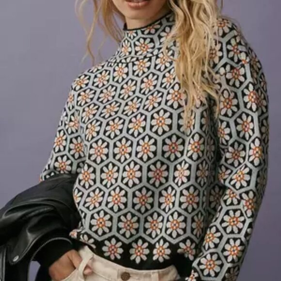 Maeve Sweaters - Maeve x Anthropologie The Carys Floral Sweater Blue & Cream Boho Casual  Size XL